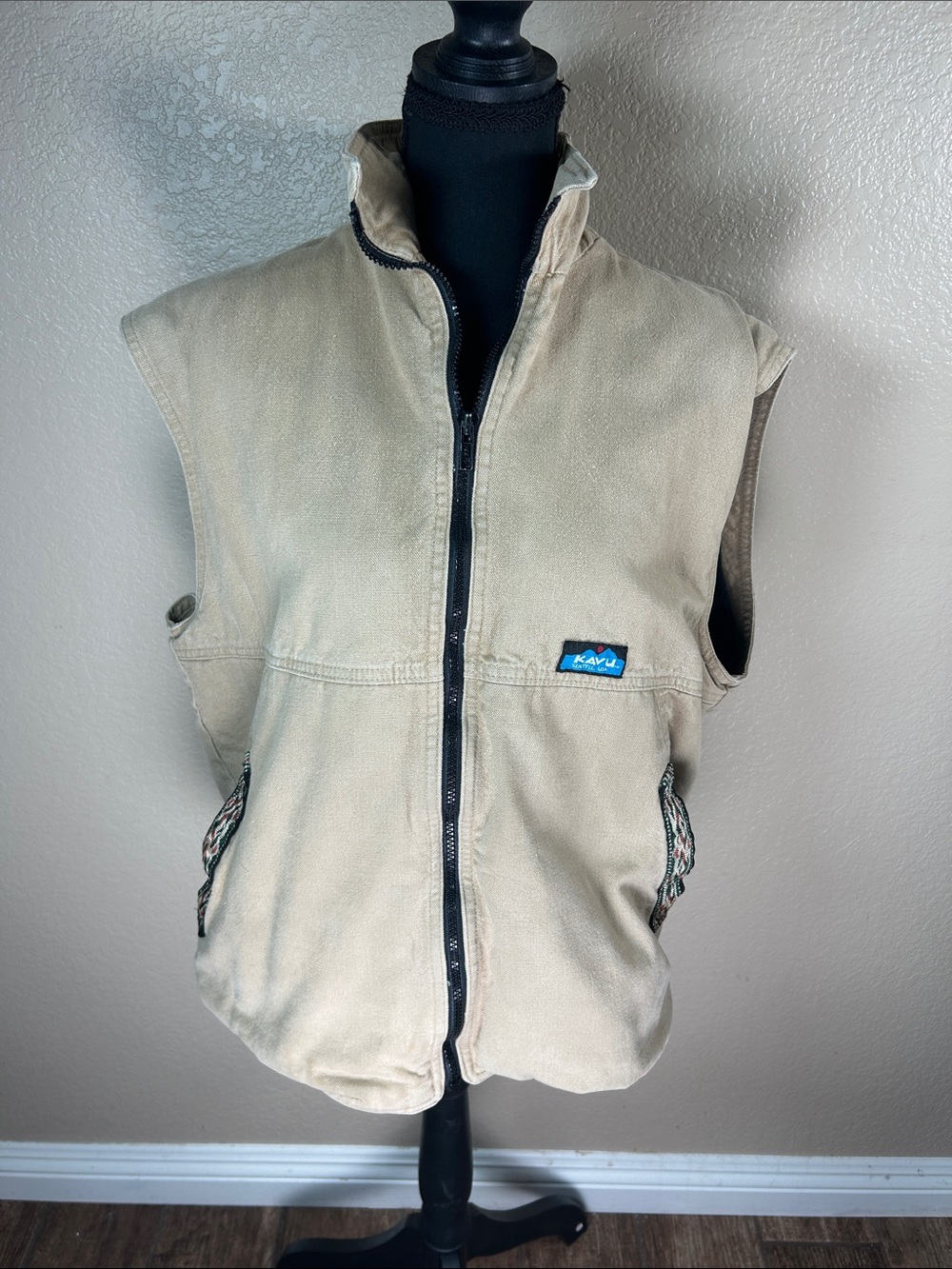 Vintage 1990s KAVU Canvas Fleece-Lined Utility Vest Tan Medium